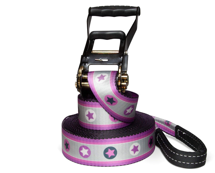 Slackline Set, Pink Stars, 15-25 Meter Länge, Komplettset für Kinder, Anfänger und Familien, inklusi