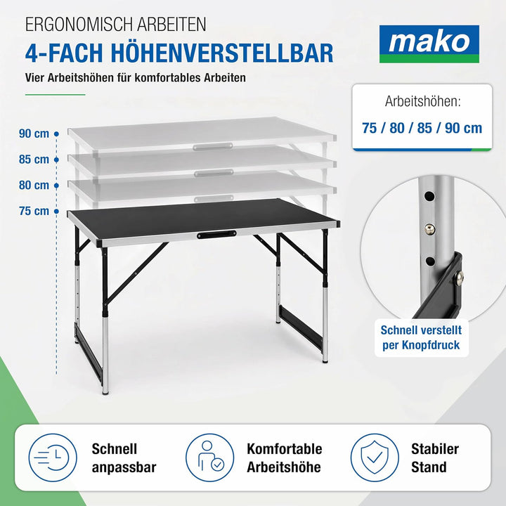 mako Multifunktionstisch Profi – Höhenverstellbarer Mehrzwecktisch 60 x 100 cm - Campingtisch, Klapp