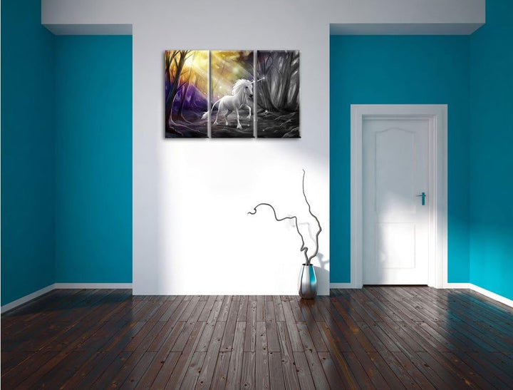Pixxprint Einhorn im Märchenwald als Leinwandbild/Grösse: 3 Teilig (120x80 cm) cm/Wandbild/Kunstdruc