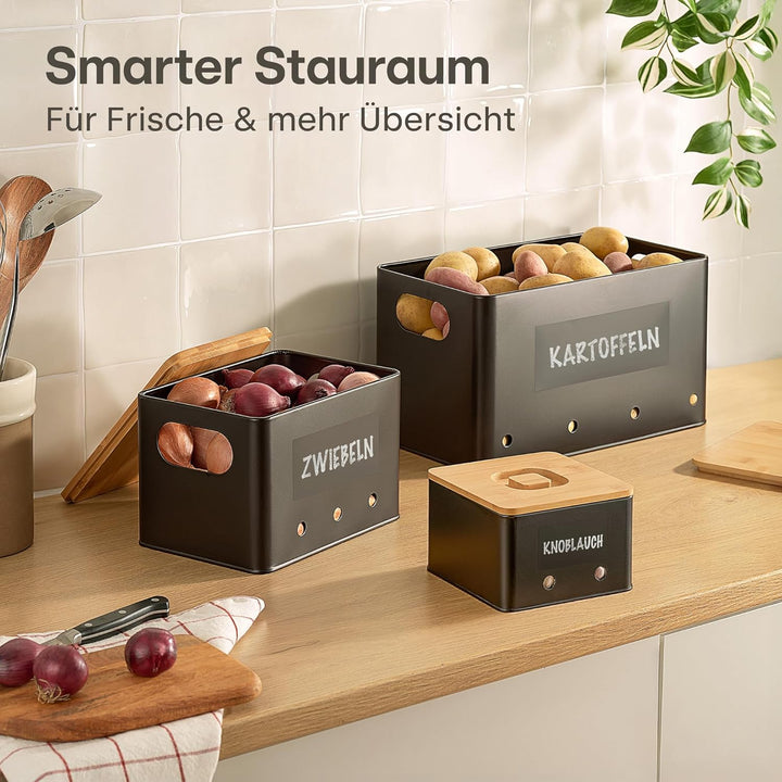 Praknu Kartoffel Aufbewahrungsbox 3er Set – Stapelbar - Mit Belüftung für längere Frische – 𝗙𝗦𝗖® Bam