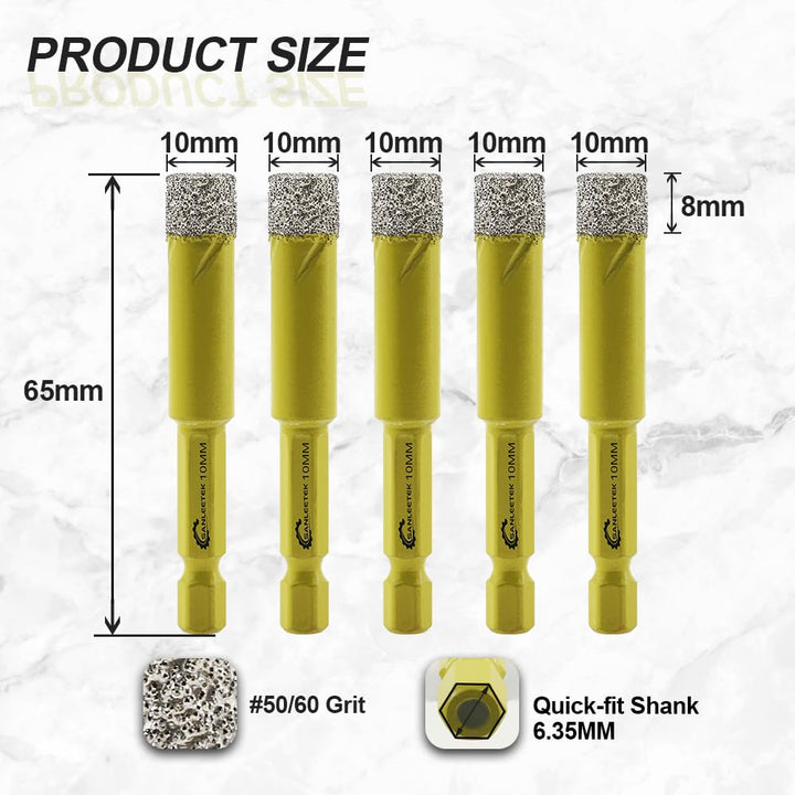 Trocken Diamant Bohrkrone 5 Stücke 10mm Fliesenbohrer mit Schnellwechsel Sechskant Schaft für Marmor