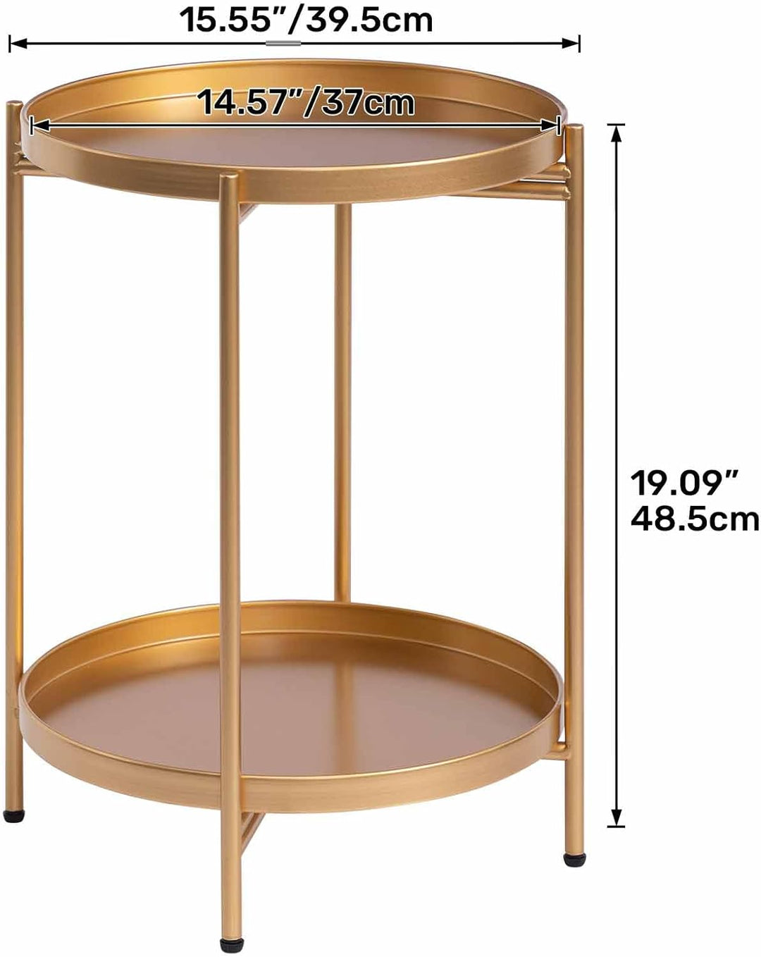 HollyHOME Runder Beistelltisch, 2 Ebenen Goldener Beistelltisch Metalltablett, Snacktisch, Couchtisc