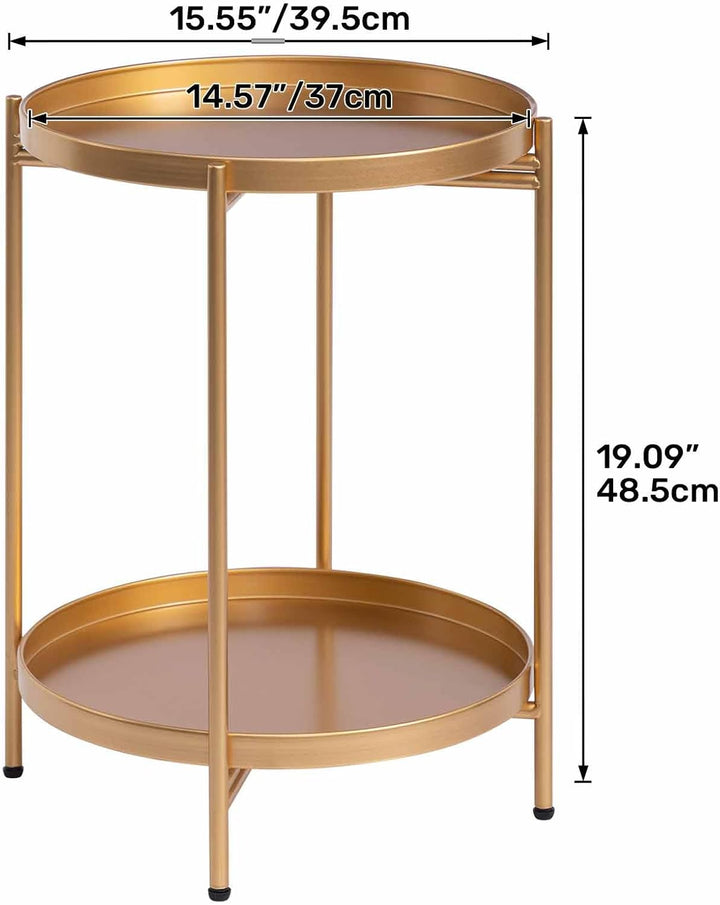 HollyHOME Runder Beistelltisch, 2 Ebenen Goldener Beistelltisch Metalltablett, Snacktisch, Couchtisc