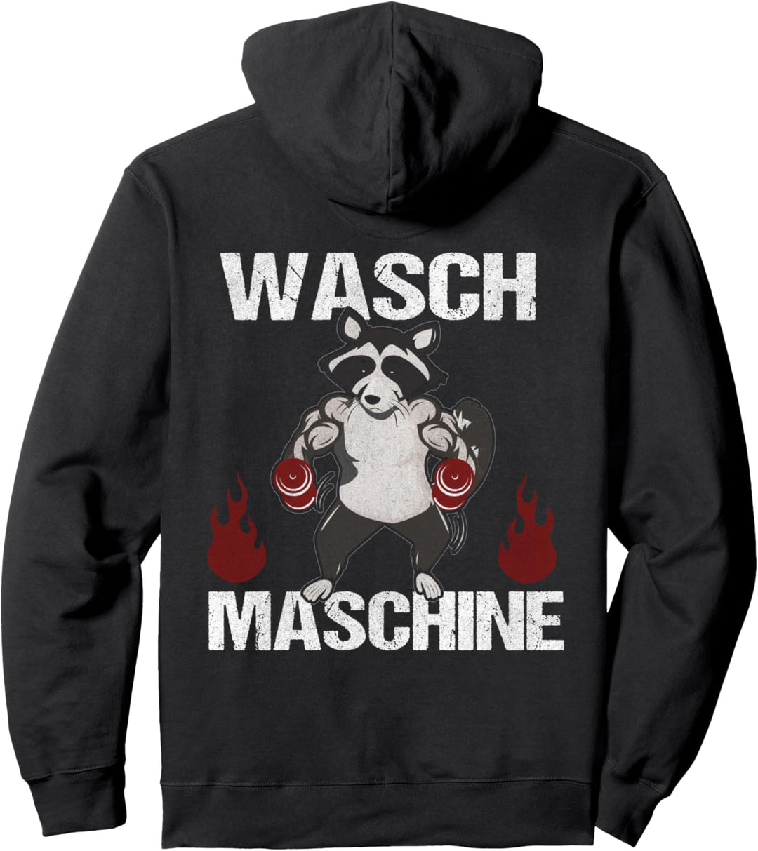 Backprint Wasch Maschine Waschbär Fitness und Training Pullover Hoodie