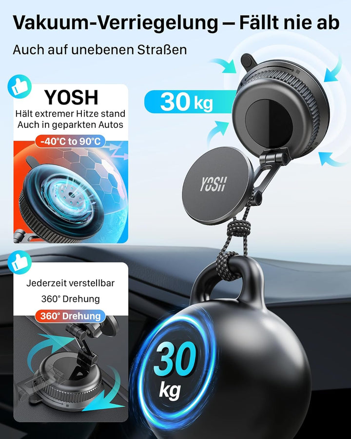 YOSH für MagSafe Autohalterung, 3-in-1 Vakuum Magnet Halterung mit 300N Saugkraft &amp; Doppelhaken, für