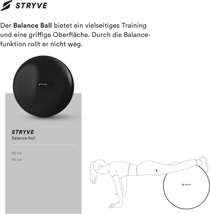 Stryve Gymnastikball inkl. Ballpumpe 65cm, Balance Ball aus mattem PVC in schwarz, Sitzball für Büro