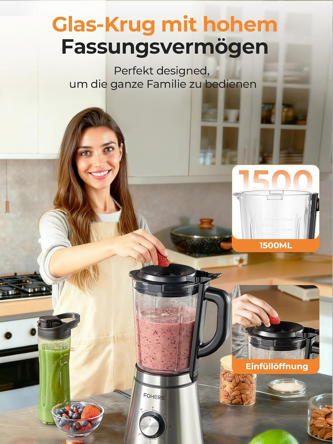 FOHERE Standmixer, 1100W Spitze, 1.5-Liter-Behälter, 5 Geschwindigkeitsstufe + Impulsfunktion, Mixer