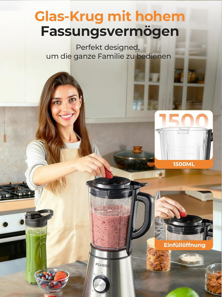 FOHERE Standmixer, 1100W Spitze, 1.5-Liter-Behälter, 5 Geschwindigkeitsstufe + Impulsfunktion, Mixer