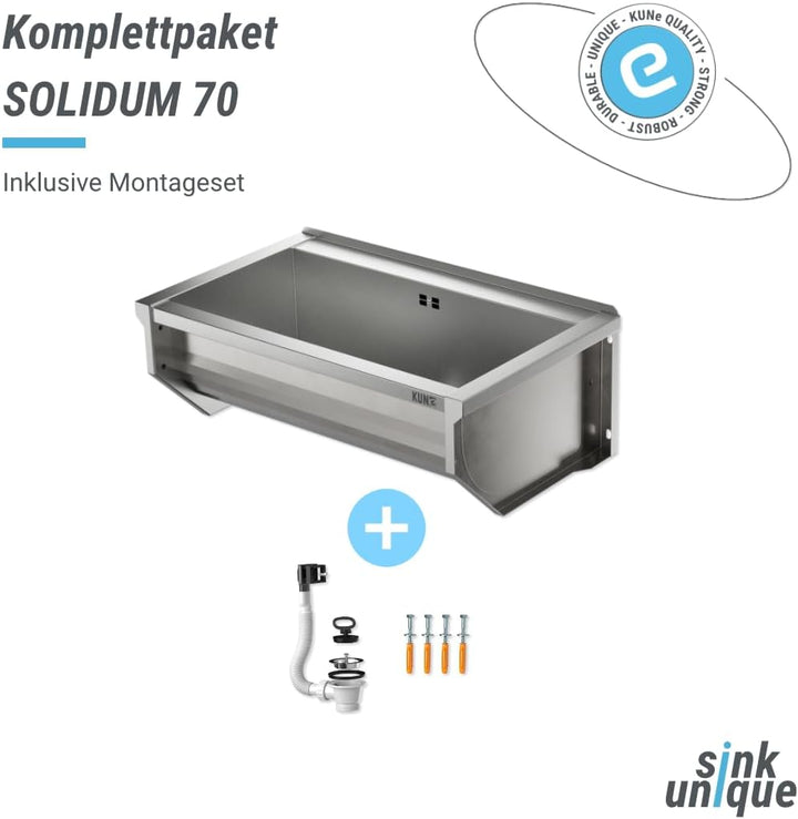 KUNe SOLIDUM 70 - Ausgussbecken Edelstahl zur Wandmontage - Aussenmasse 78 x 47 x 28 (BxTxH) cm 78.2