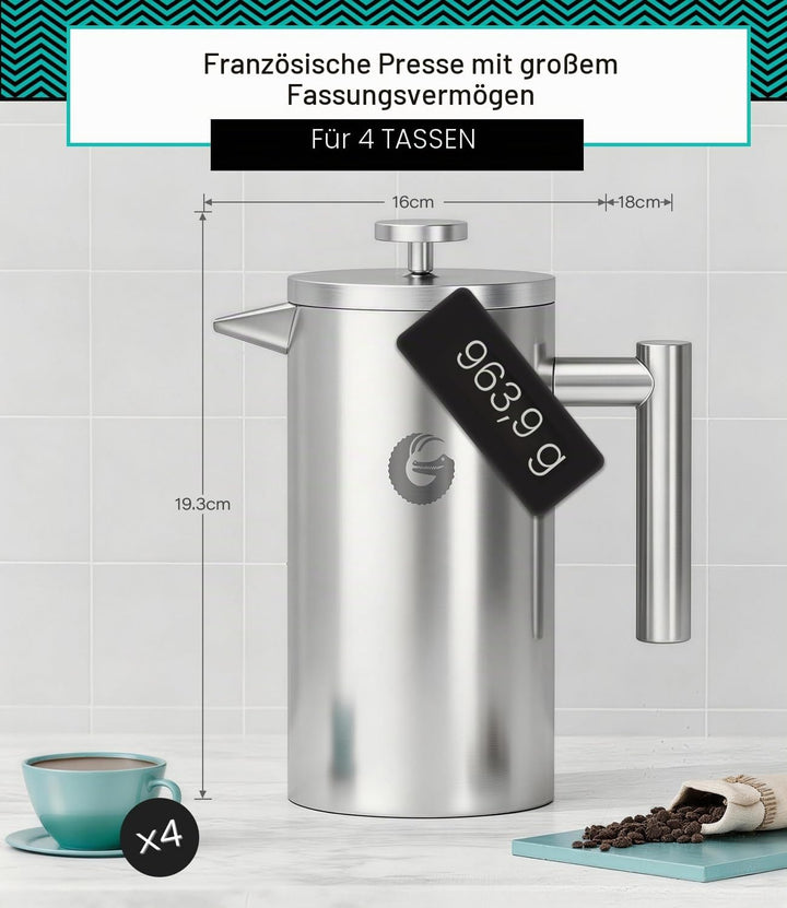 Coffee Gator French Press Kaffeebereiter - Thermo-Kaffeekanne aus Edelstahl für länger heissen Kaffe