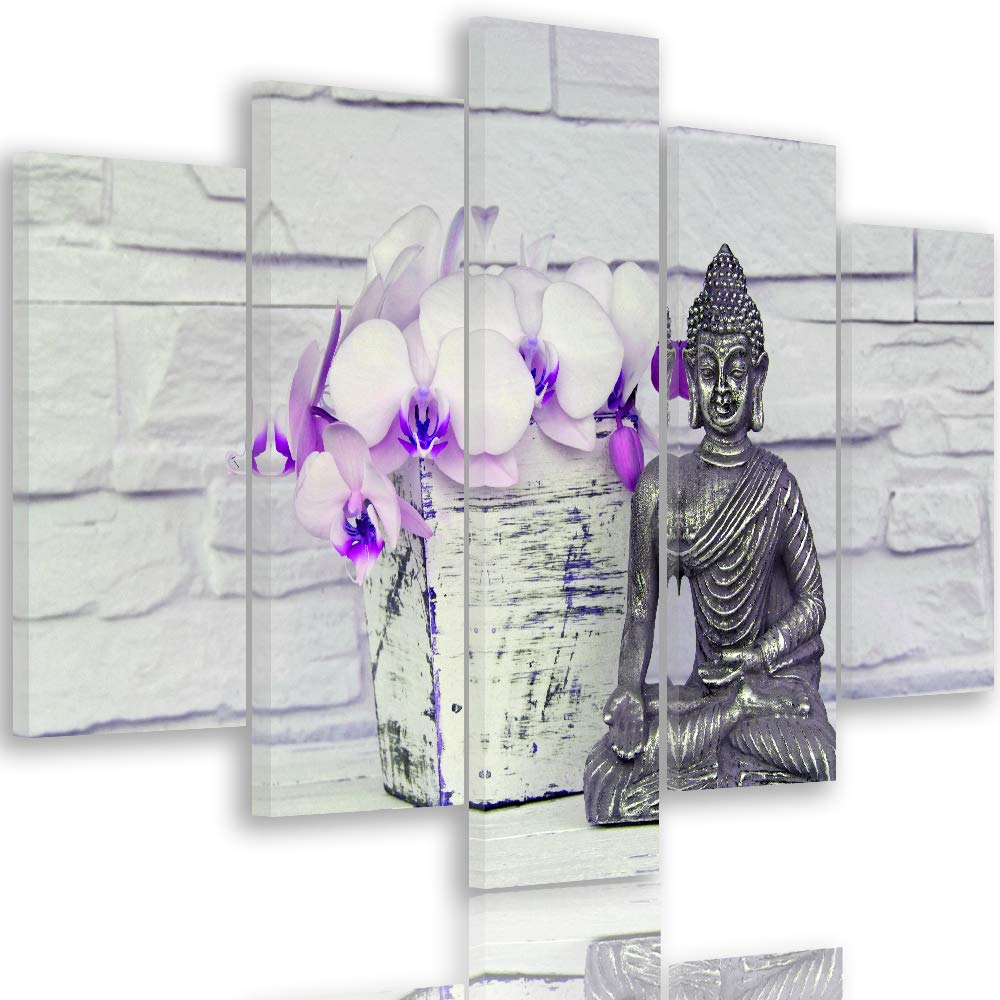 Feeby Leinwandbild Buddha 5 TLG Bild Kunstdruck Blumen Statue Meditation violett 100x70 cm Leinwandb