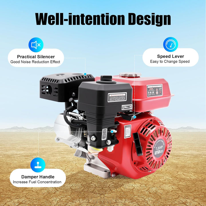 7.5 PS 4-Takt Benzinmotor 212cc Kartmotor, Handstart Standmotor Benzin Motor für Go Kart, Einzylinde