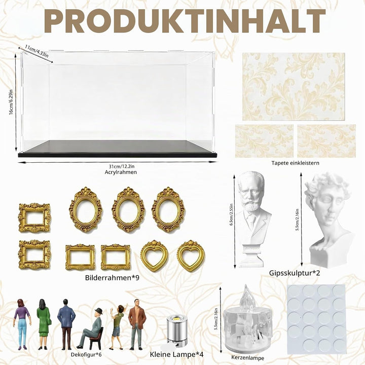 LUKIUP DIY Mini Museum Silhouette Box, Kreatives Erinnerungsdisplay Kit Mit 6 Figuren 9 Gold Rahmen