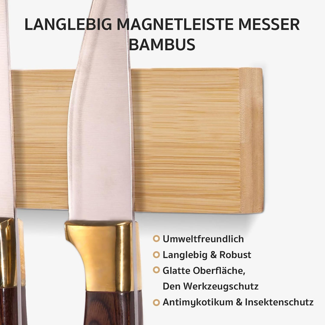 Magnetisch Messerhalter mit Extra Starkem Magnet, Magnetleiste Messer aus Bambus 40 x 6 x 2 cm, Mess