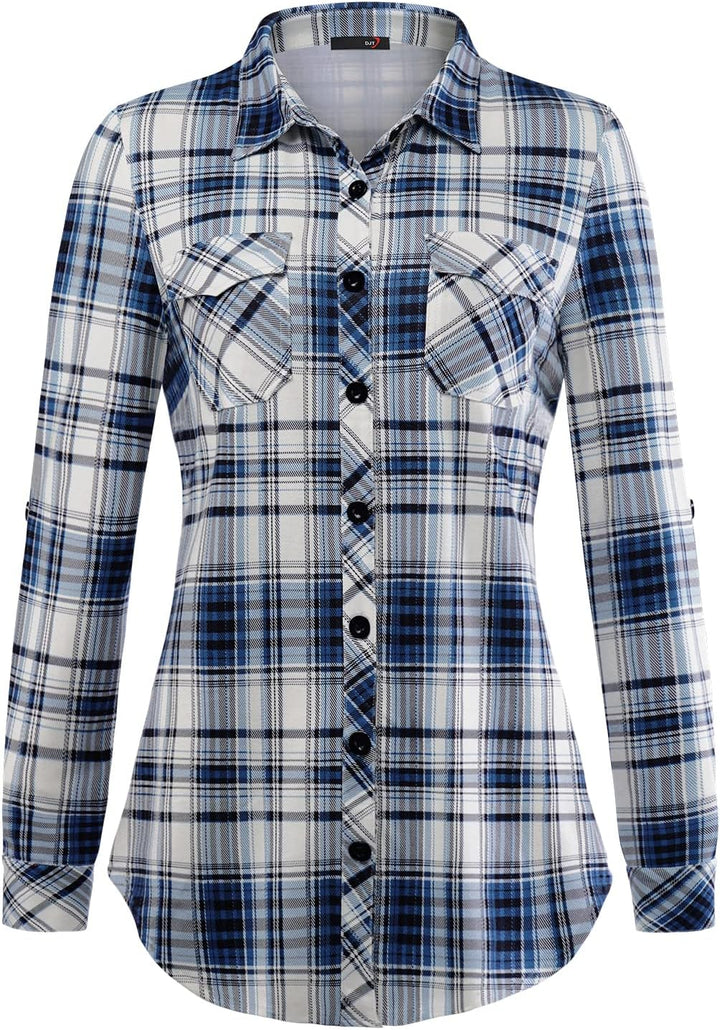 DJT Damen Weiches Gestrick Karierte Bluse Langarm 3/4 Roll Up Ärmel Hemdbluse Button-down Blusen Top
