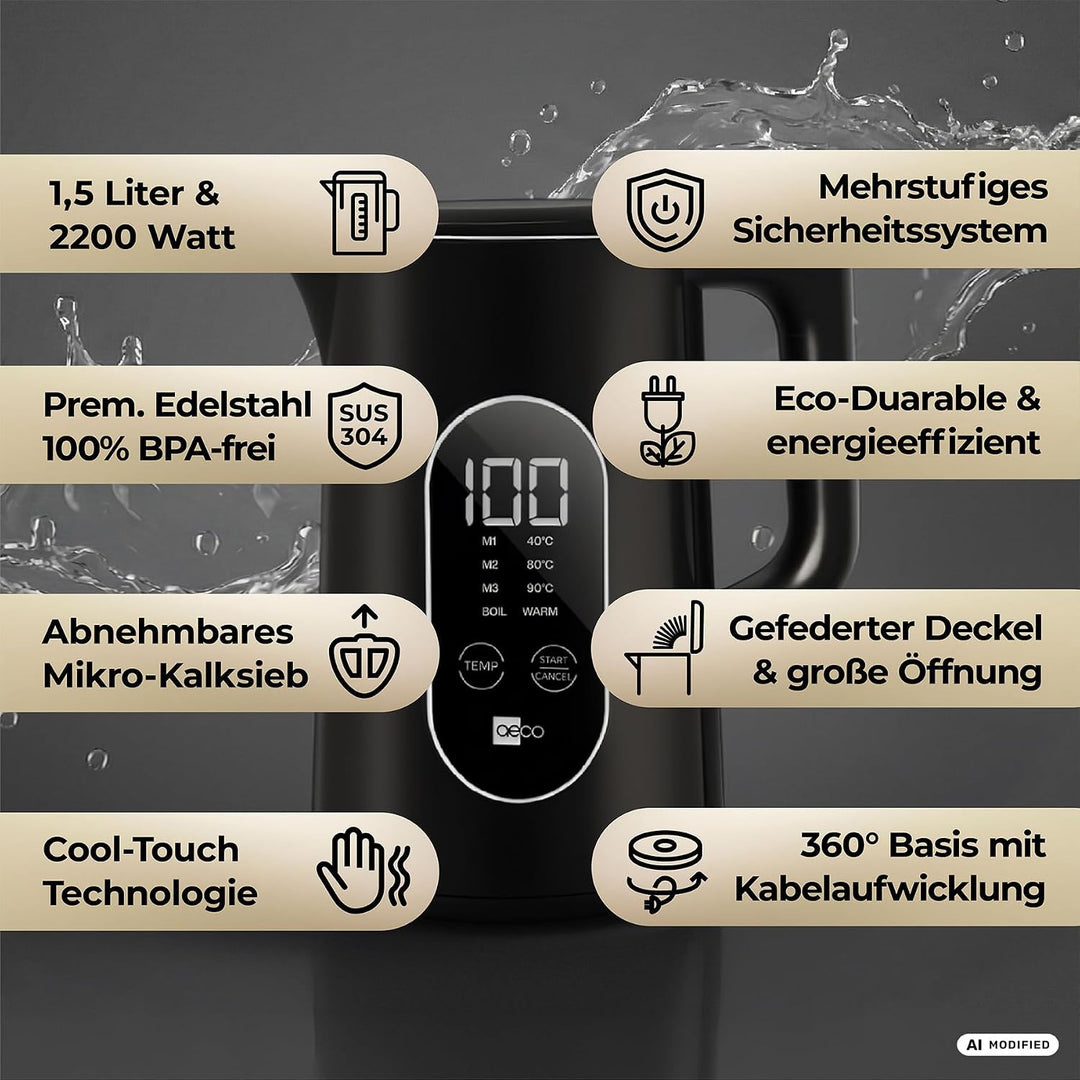 aeco AQA ELITE elektrischer Wasserkocher Edelstahl schwarz-matt mit Temperatureinstellung Tee-Kocher