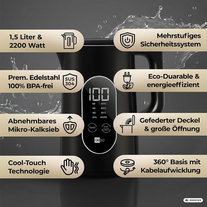 aeco AQA ELITE elektrischer Wasserkocher Edelstahl schwarz-matt mit Temperatureinstellung Tee-Kocher