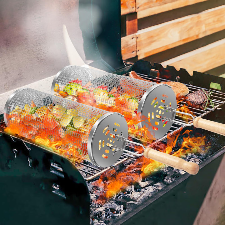 OWZ Rollendes Grillkorb Set - 2 Stück Grillkorb Edelstahl mit Holzgriff - Rolling Grilling Basket -