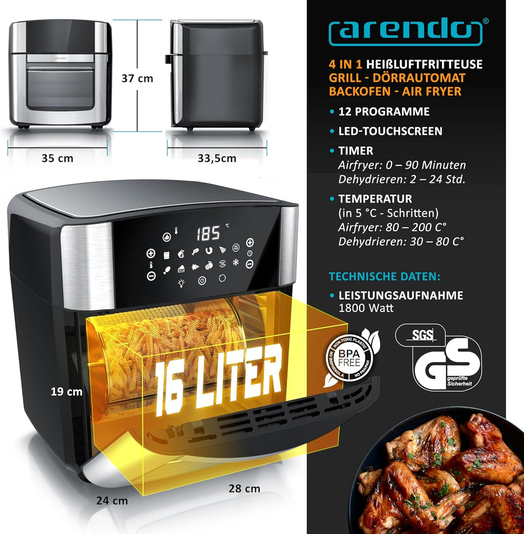 Arendo - XXL Heissluftfritteuse 16 Liter - Grill - Dörrautomat - Backofen - Air Fryer - Touchscreen