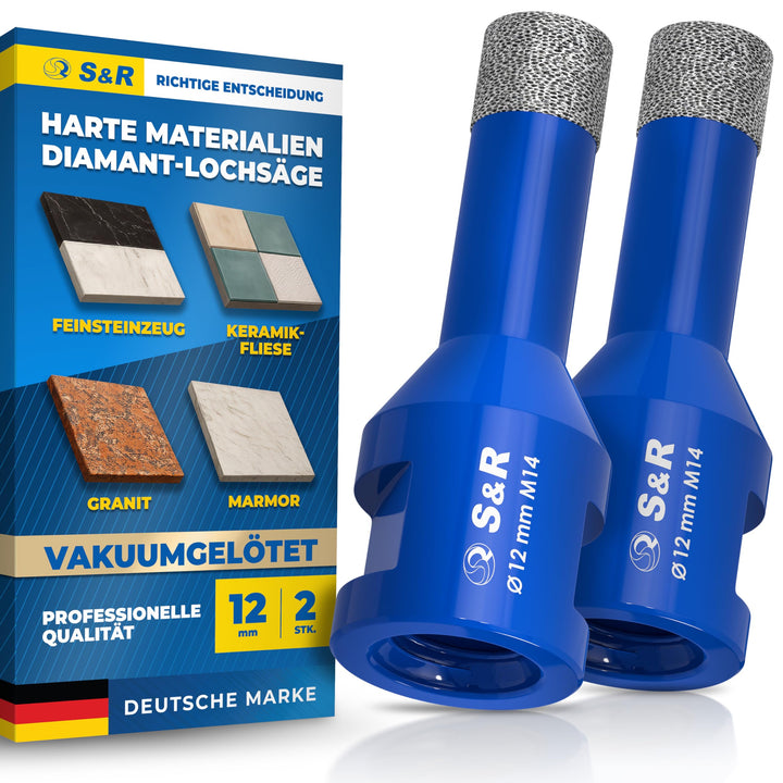 S&R Professional 2-tlg Diamantbohrer M14, Diamant Fliesenbohrer Set 12mm für Winkelschleifer, für Ha