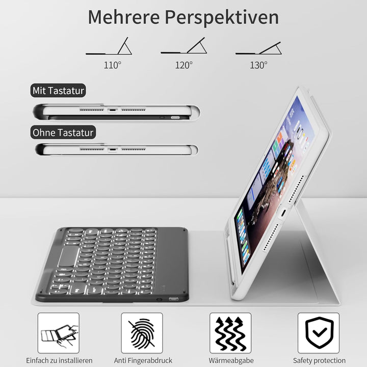 Hülle mit Tastatur für iPad 9/8/7 Generation (2021/2020/2019) 10.2 Zoll Soft TPU Rückschalemit Stift