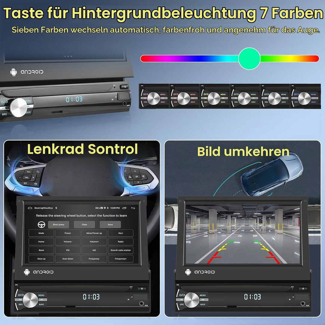 Android 2GB+32GB Autoradio 1 Din mit GPS-Navigation, WiFi, Bluetooth, FM-RDS-Radio, 7-Zoll-Touchscre