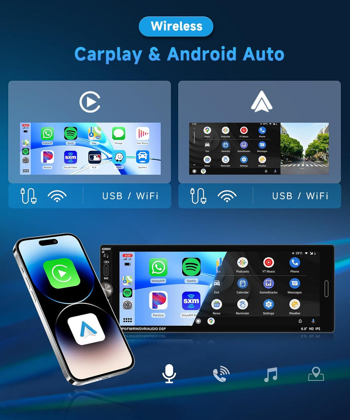 Rimoody Autoradio 1 Din mit Wireless Carplay Android Auto, 6.9 Zoll 1 Din Autoradio Bluetooth Kompat