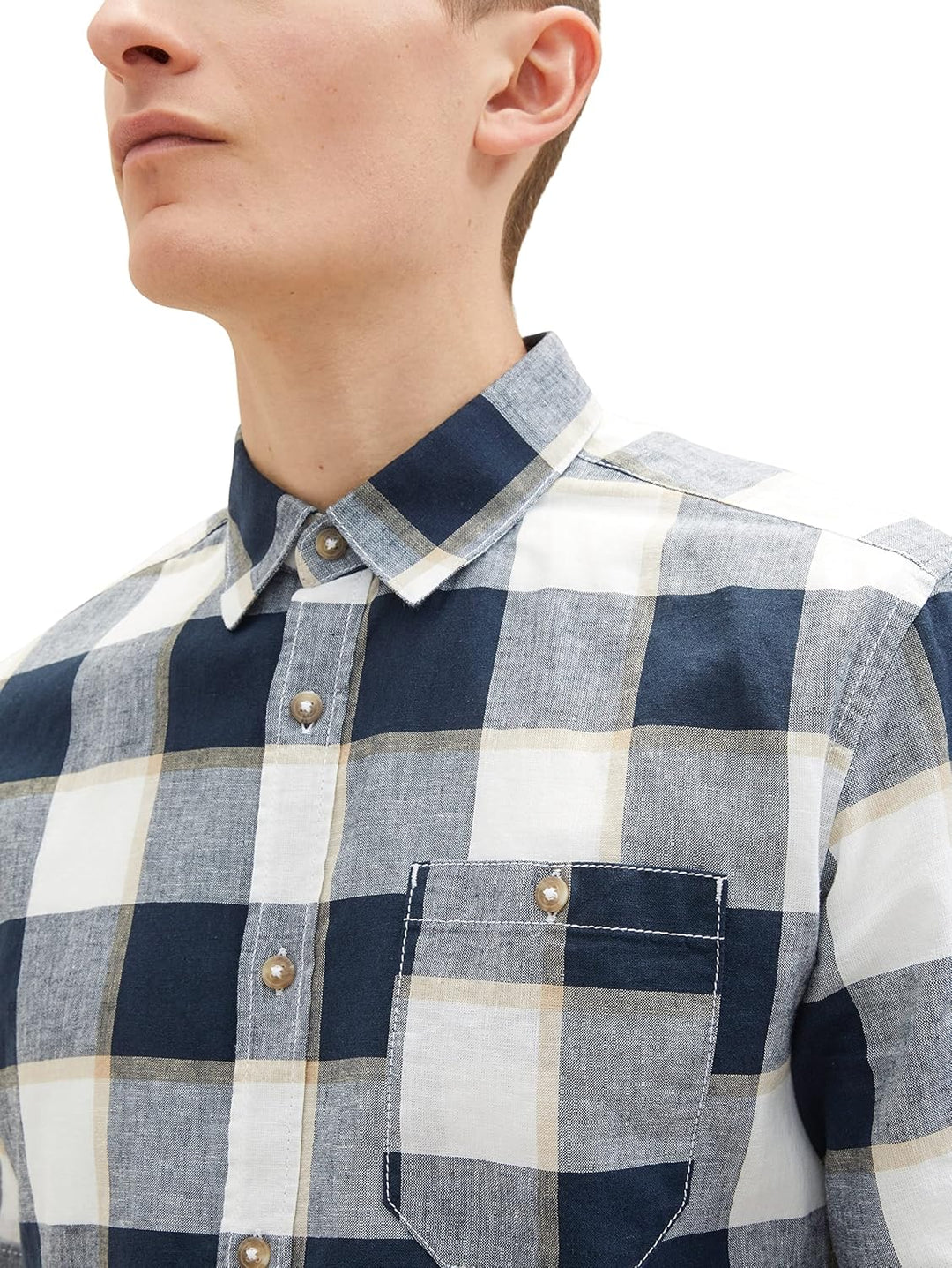TOM TAILOR Herren Kurzarm-Hemd aus Leinen XXL 31237 - Navy Off White Beige Check, XXL 31237 - Navy O