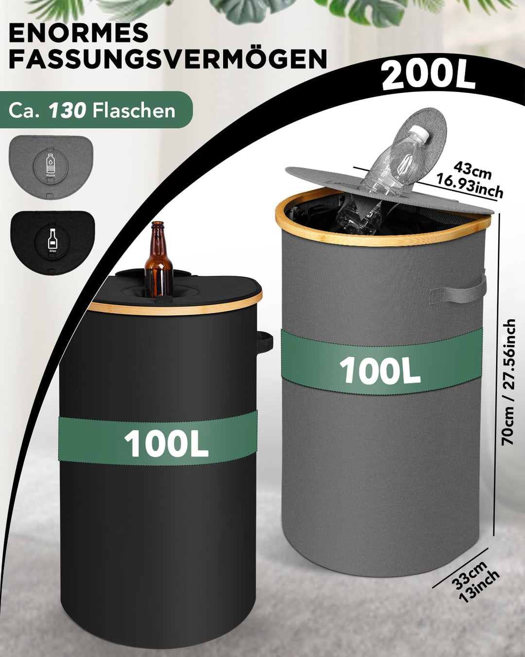 SOUTHGATE 2er Pack Pfandflaschen Sammelbehälter mit Deckel, 200L Pfandbehälter 2 Fächer, Leergut & A