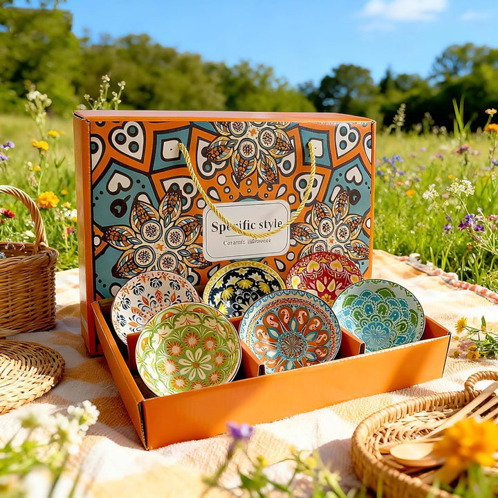 Topsky Dessertschalen Porzellan 6er Set 300ml–Müslischalen/Dipschalen | Boho Stil, Geschenkbox, Bunt