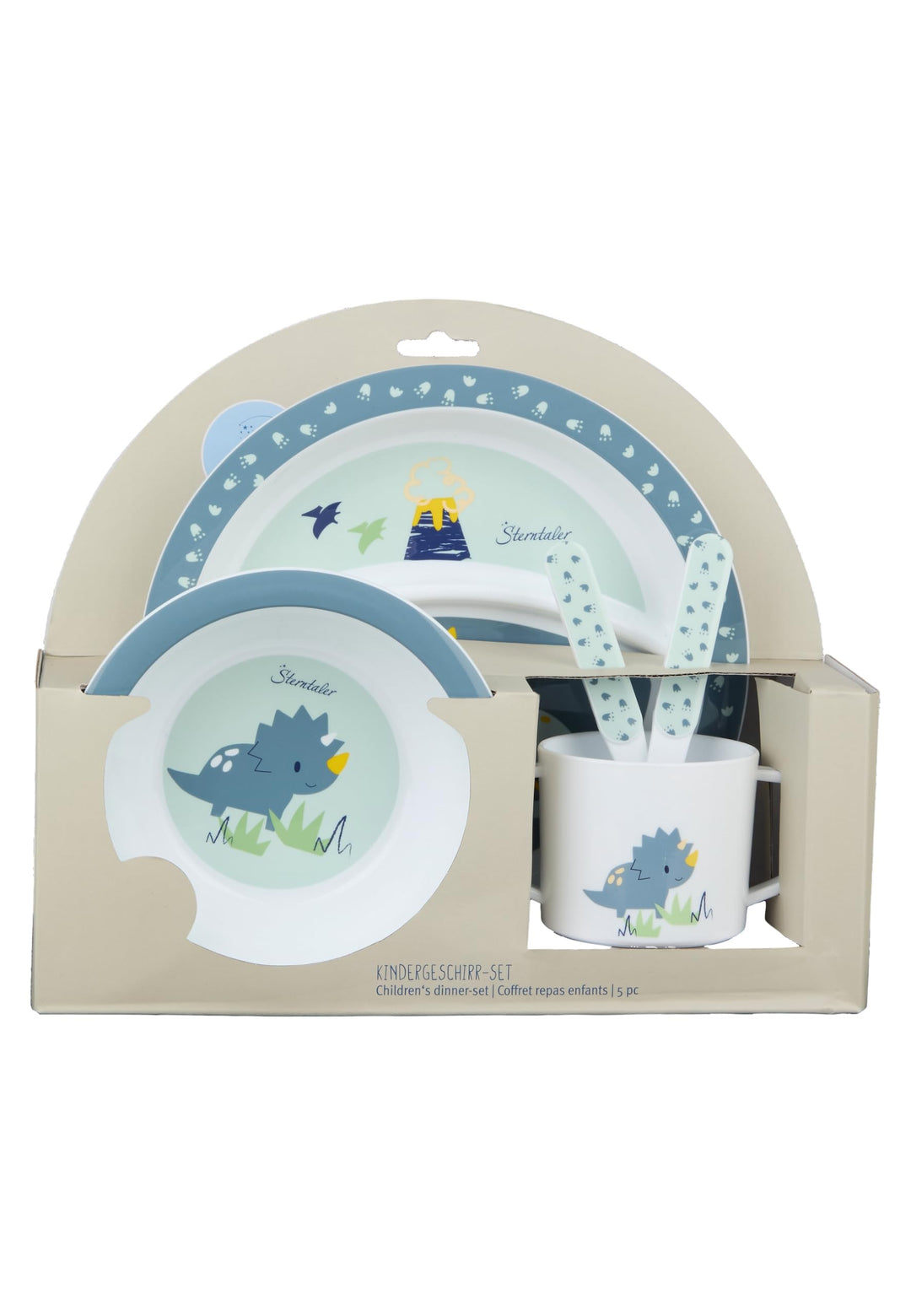 Sterntaler Geschirrset Dino Rexi - Baby und Kinder Geschirr mit rutschfestem Sockel an Teller, Tasse