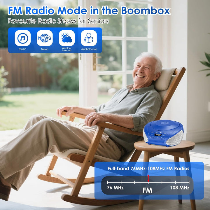 Gueray Tragbarer CD-Player Boombox Kompakt-Radio mit Stereo-Lautsprechern UKW-Radio 3,5-mm-AUX-Einga