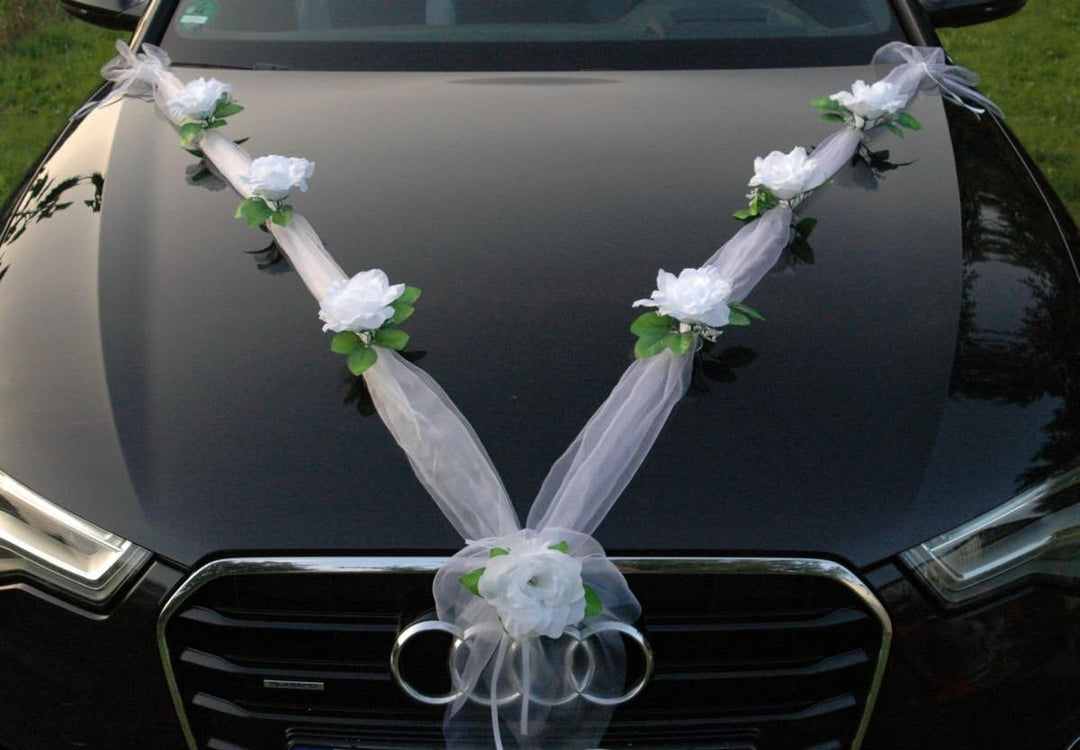 Organza M + Schleife Auto Schmuck Braut Paar Rose Deko Dekoration Autoschmuck Hochzeit Car Auto Wedd