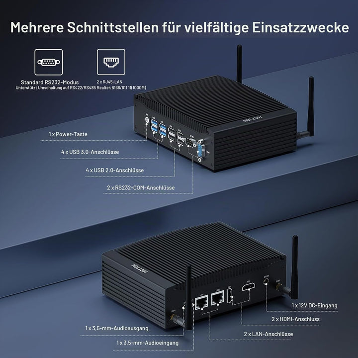 HISTTON Lüfterlos Mini PC Industrie PC, Dual Core i5-8265U, DDR4 16 GB RAM 512 GB SSD, 2 RS232 COM,