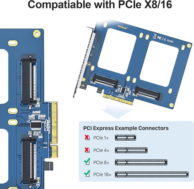 10Gtek PCIe 3.0 to (2) U.2 SFF-8639 Adapter, X8, for 2.5’’ U.2 NVMe SSD or 2.5" SATA SSD PCIe X8 to
