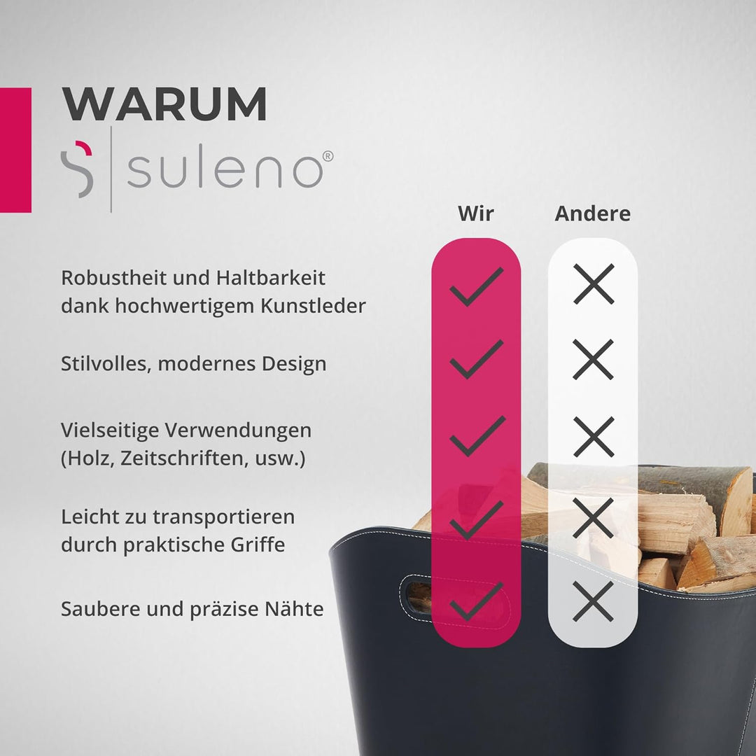 SULENO Holzkorb WEXFORD Brennholzkorb Kunstleder schwarz (XL - 46 x 40