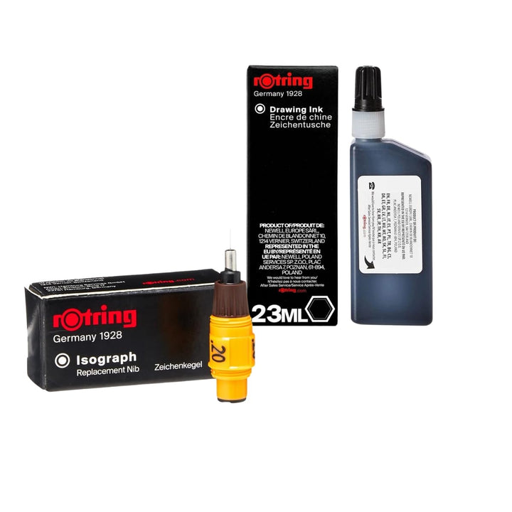 Rotring Isograph 0,20 mm Ersatzfeder + schwarze 23 ml Tintenflasche - Technisches Zeichenset für Prä