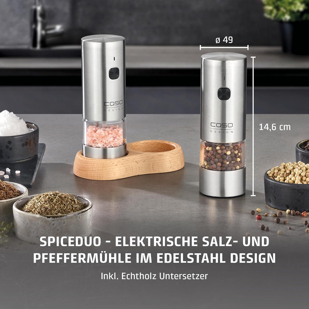 CASO SpiceDuo Elektrische Salz- & Pfeffermühle Set – Edelstahl Gewürzmühlen mit Keramikmahlwerk, stu