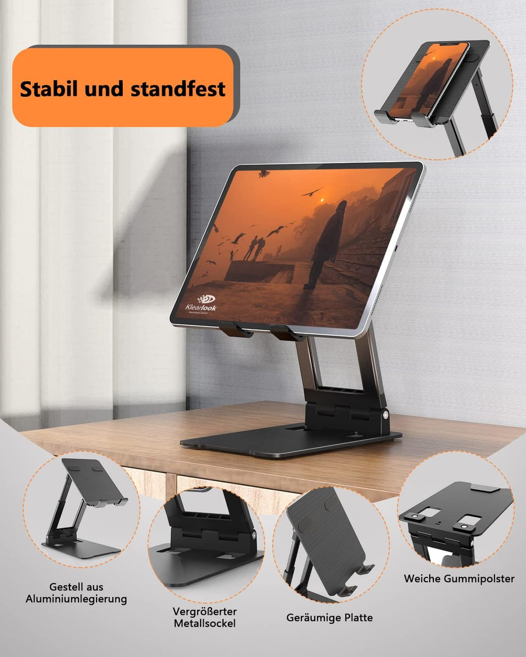 Stabiler Tablet Ständer,Klearlook Faltbarer Tablet Halter mit einstellbarer Höhe/Winkel, Aluminium U