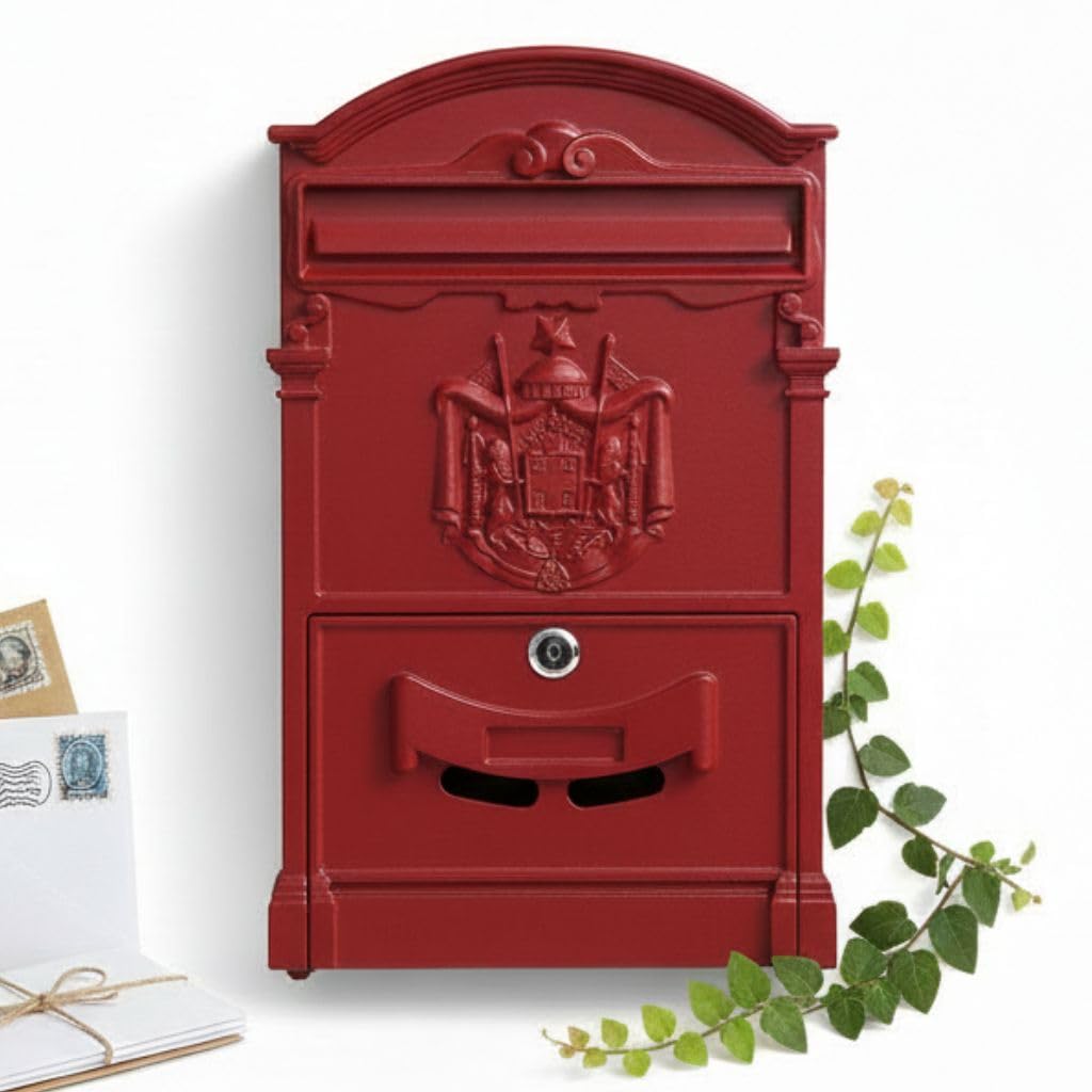 Melko Retro Briefkasten mit A4 Einwurf-Format, Aluguss und Stahl, ca. 25,5 x 8,6 x 41 cm, Rot, Rot
