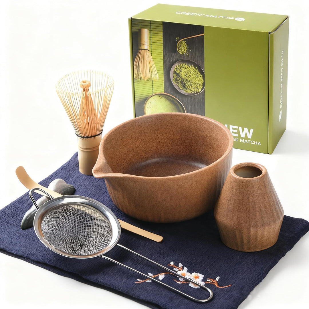 Matcha Set Premium 7-teilig Keramik: Matcha Schale, Bambus Besen (Chasen),Teebesenbasis，Teelöffel, S