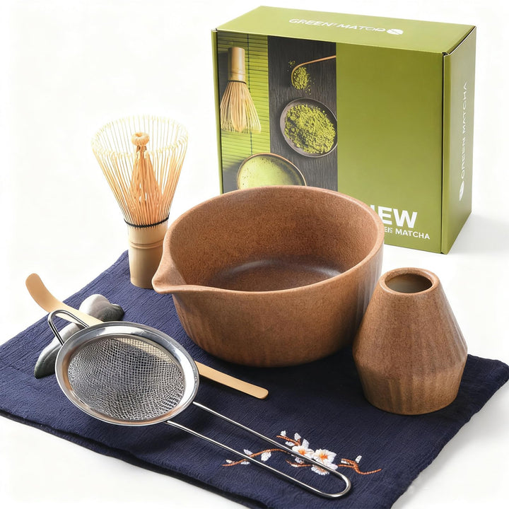 Matcha Set Premium 7-teilig Keramik: Matcha Schale, Bambus Besen (Chasen),Teebesenbasis，Teelöffel, S