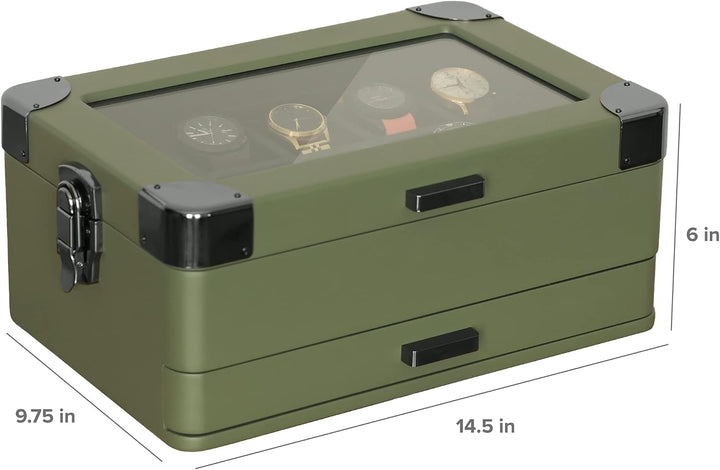 CASE ELEGANCE Militäruhrenbox mit 10 Fächern für Herren, Echtglasplatte, modulares Valet-Tablett, Ap