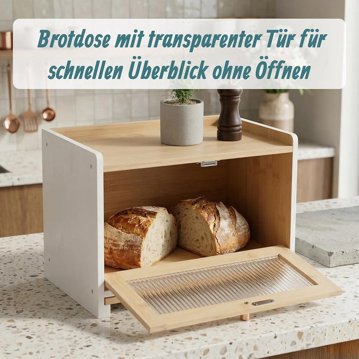 Relaxdays Brotkasten, Bambus, Schneidebrett, Ablage, Luftlöcher, Sichtfenster, HxBxT: 26 x 40 x 25 c