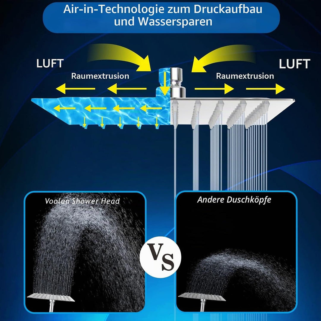 20cm Regenbrause - Voolan Quadrat Hochdruck Duschkopf aus Edelstahl 304 - Komfortables Duscherlebnis
