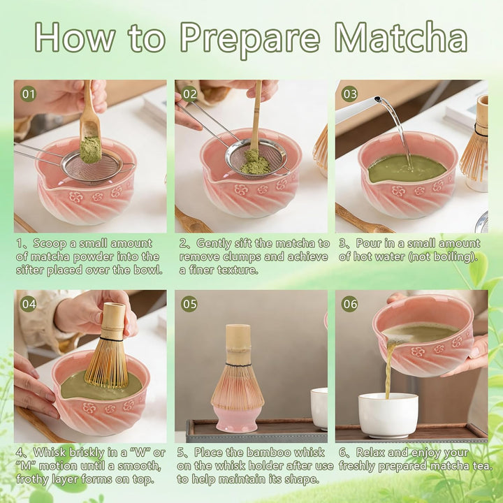 Matcha Besen Set 8-teilig – Matcha Set mit Keramik Matcha Schale, Matcha Besen, Löffel, Messlöffel,