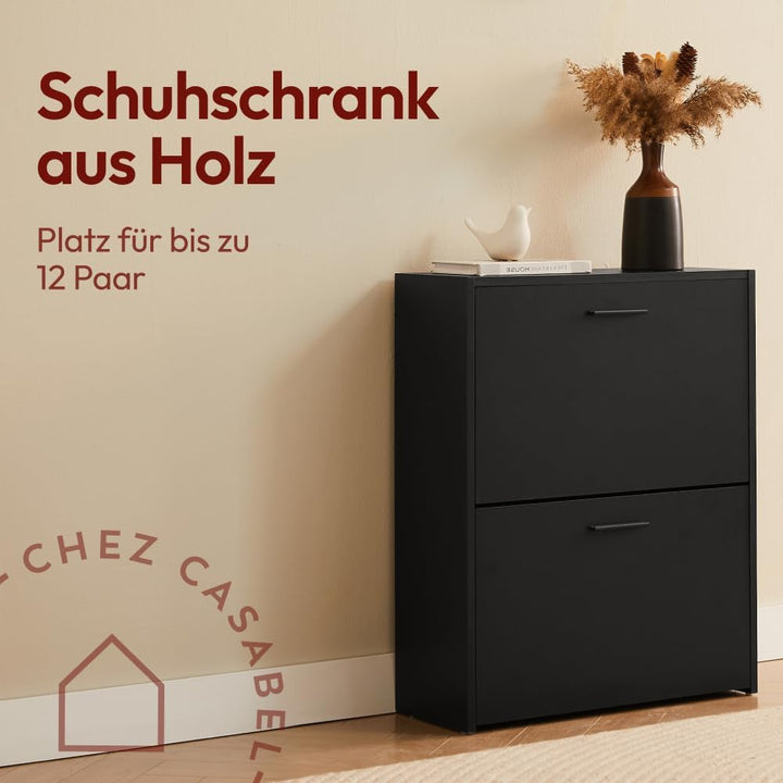 CASABEL Schuhschrank Schmal für 12 Paar Schuhe, Modernes Schuregal Holz mit 2 Klappen, Platzsparende
