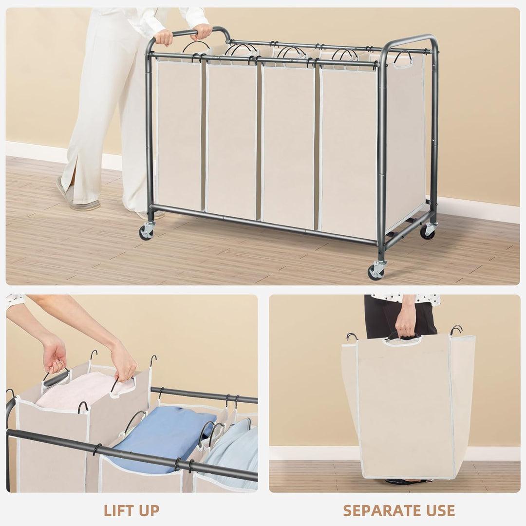 STORAGE MANIAC Wäschesortierer mit 4 Abschnitten und herausnehmbaren Beuteln, Beige, umweltfreundlic