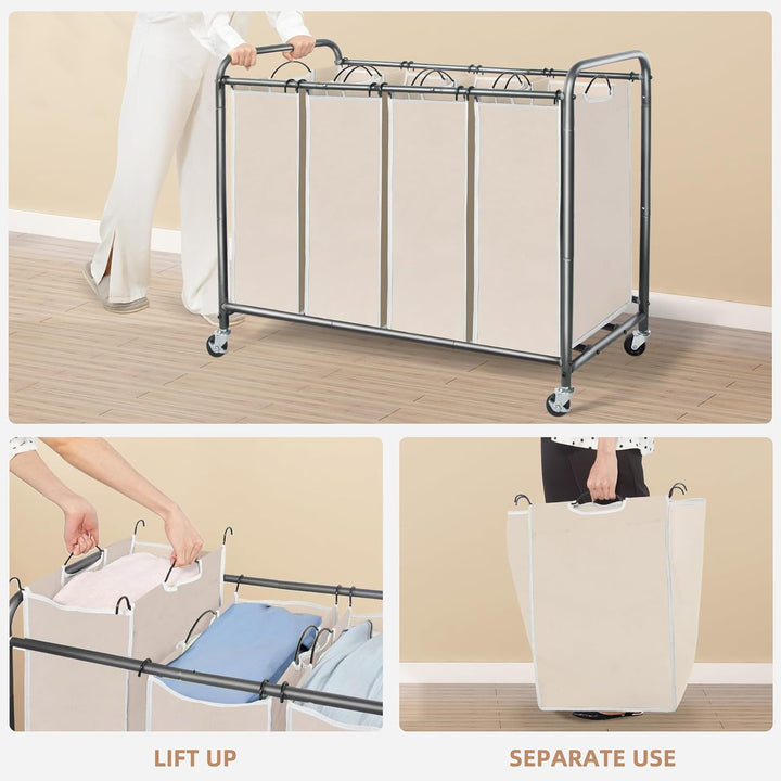 STORAGE MANIAC Wäschesortierer mit 4 Abschnitten und herausnehmbaren Beuteln, Beige, umweltfreundlic