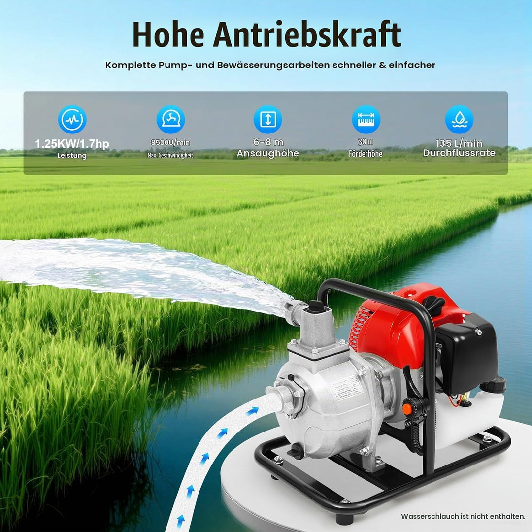 Benzin Wasserpumpe Gartenpumpe Schmutzwasserpumpe 1,25KW/1,7PS 8000 l/h 30m Förderhöhe | 2-Takt-Moto